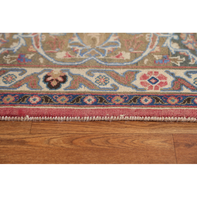 Tapis rose motif floral persan Mashad noué à la main 10 x 13