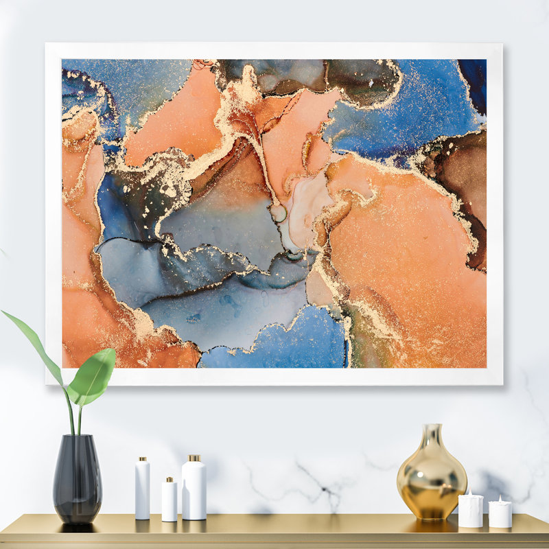 «Blue and Orange Luxury Abstract Fluid I», peinture sur toile, H 24 po x l 32 po, Cadre de coin blanc fermé