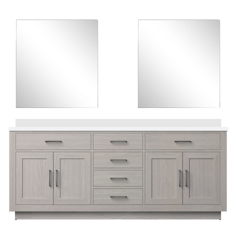 Ensemble de meuble-lavabo double 80 "avec miroir, Chêne brun, Quartz blanc