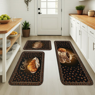 Vintage Coffee Kitchen Mats for Floor, Elegant Croissant and Cup Design, Soft Cushioned Washable Decor Rugs for Kitchen Sinks Laundryroom 18x47 Inch