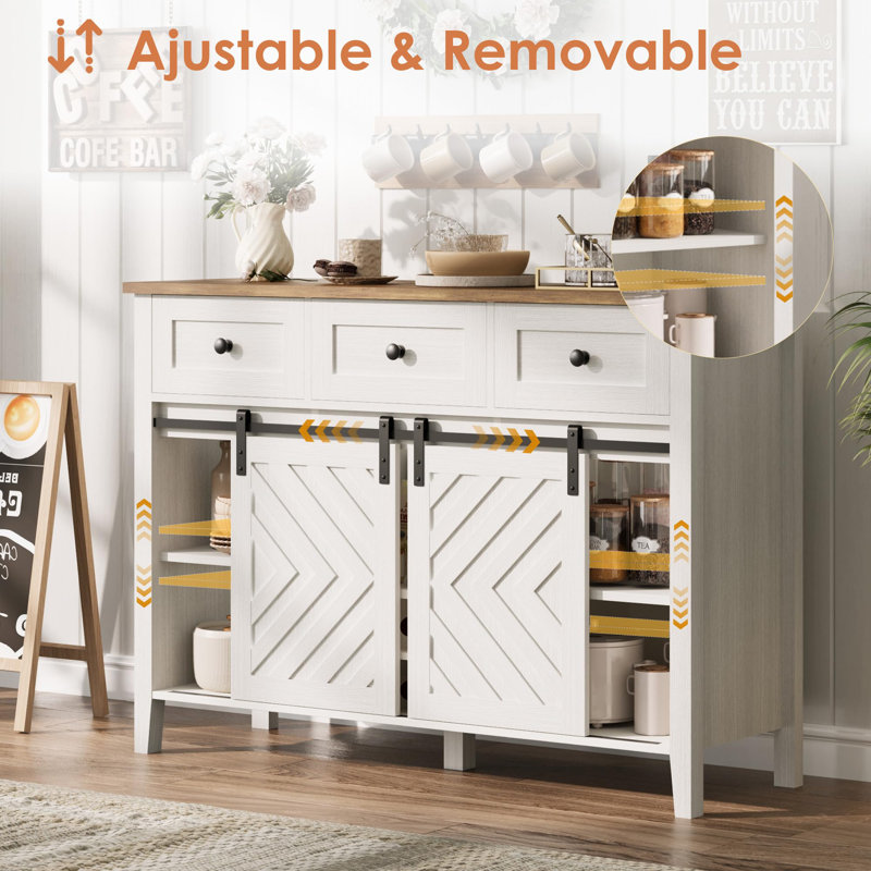 Rustic Farmhouse Sideboard Buffet Cabinet, Features Sliding Barn Door, Three Spacious Drawers, White/Brown