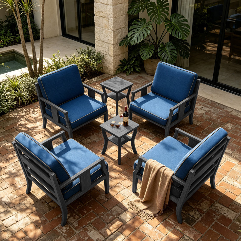Ensemble de conversation d'extérieur en teck pour quatre personnes avec coussin et deux tables d'appoint, Marine, Noir