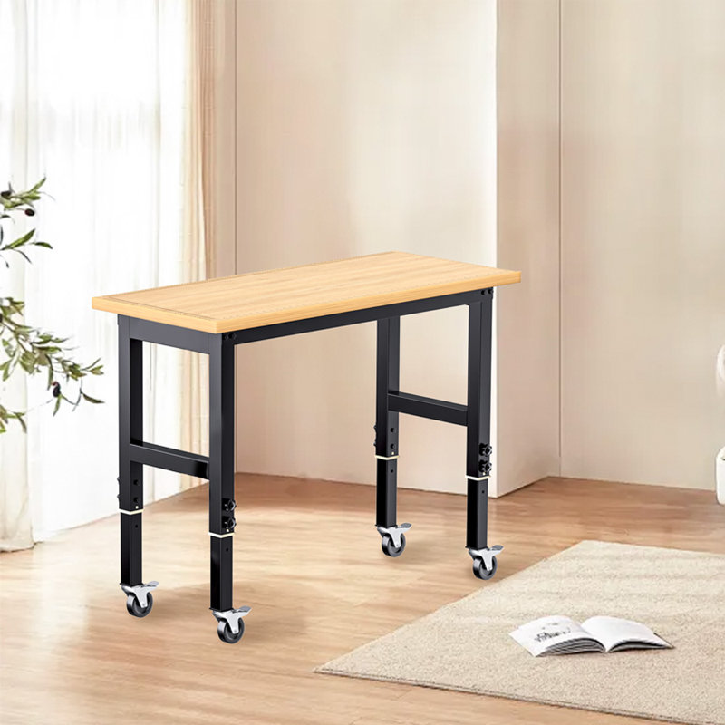 Établi réglable robuste de 48 po avec roues de frein, capacité de poids de la table de travail en bois franc de plus de 2 000 lb, établi en bois d'hévéa avec 5 hauteurs réglables