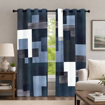 2Pcs Navy Blue and White Geometric-Pattern Curtains, Minimalist Style Curtain, Contemporary Block Print Art Grommet Drapes, Window Treatment for Bedroom Living Room Decor