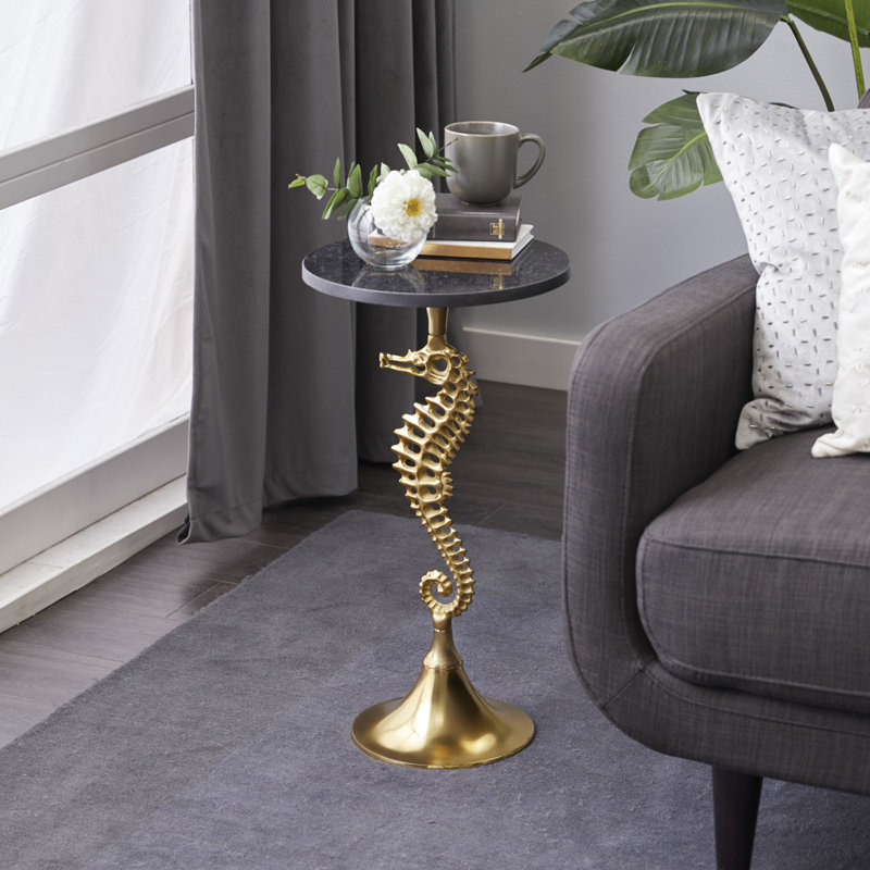 Aluminum Metal Seahorse Side Table with Hornblow Black Marble Top, H 25 po x l 13 po