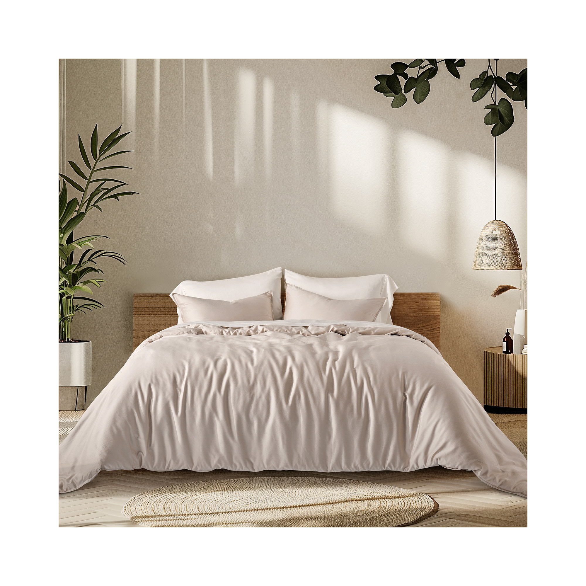 Cotton Tencel Duvet Cover Set, Queen Duvet Cover + 2 Queen Shams, Beige Sand