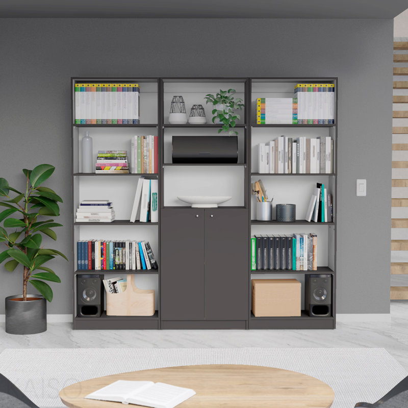 Ensemble de bibliothèque 3 pièces, 74 po de largeur avec 13 tablettes et 2 portes, ensemble de salon gris mat / blanc