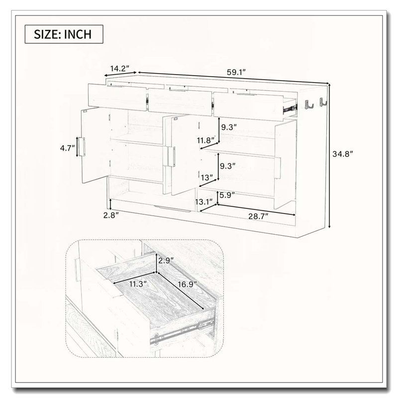 Armoire d'appoint avec 3 tiroirs et 4 portes, Noir