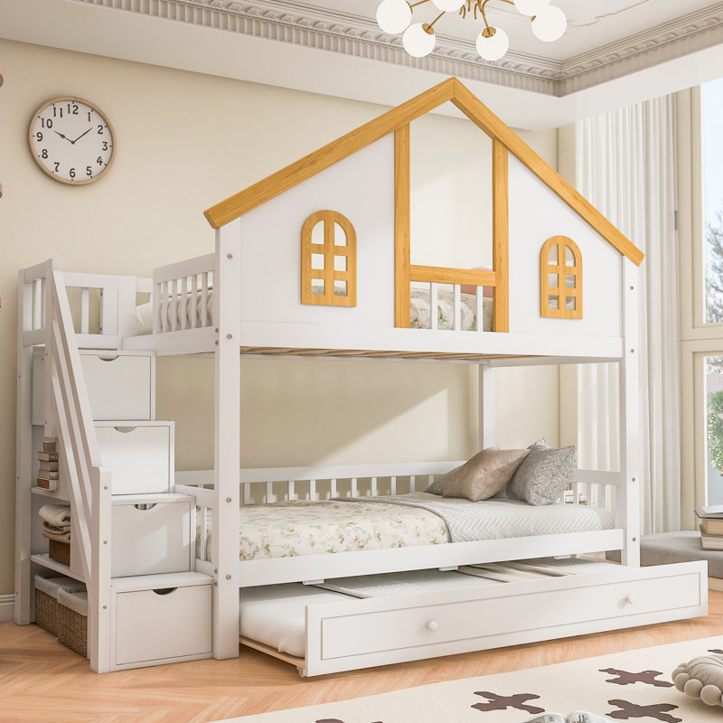 Twin Size Wooden House Roof Bunk Bed with Window Door and Roof,Storage Staircase and Trundle,White+Natural, Twin