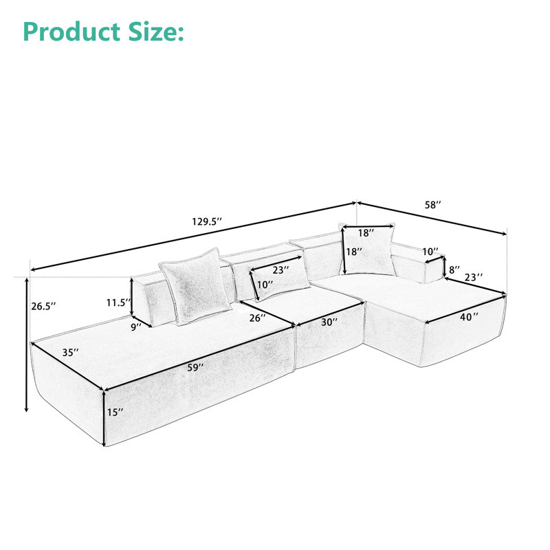 Sectional Sofa Set Modern Modular Combination Minimalist L-shaped Sofa Italian Tofu Block Design, Beige