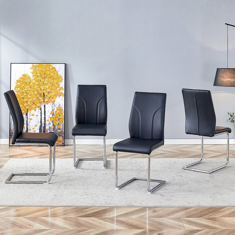 Austwell Modern Parsons Upholstered Faux Leather Cantilever Dining Chair (Set of 4), Black, 4