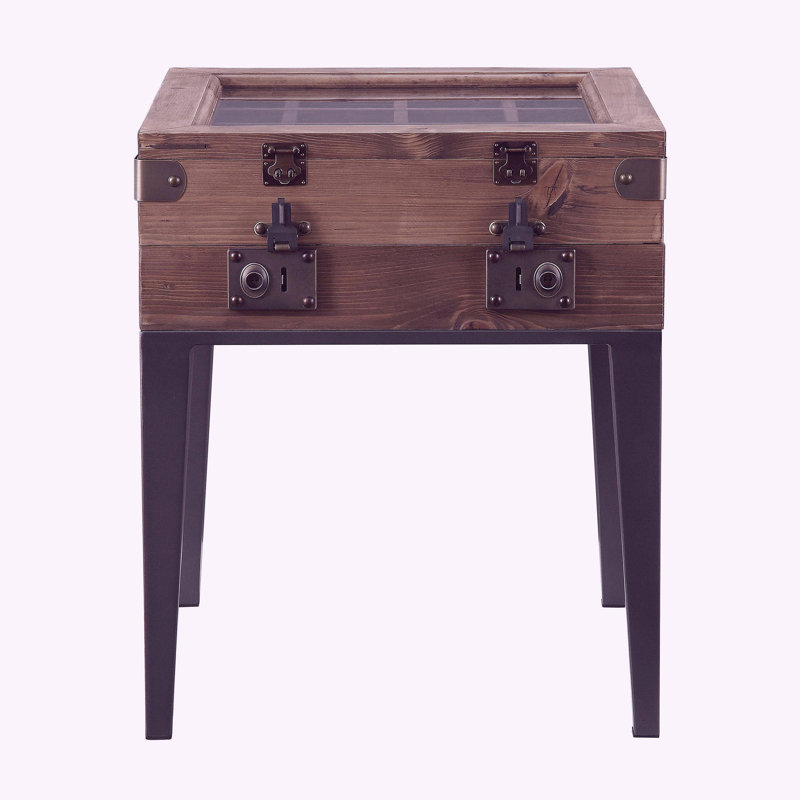 Table d'appoint décorative en chêne champêtre et gris mat, pieds coniques
