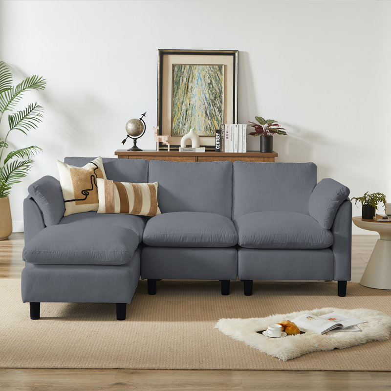 Modern L-Shaped Chenille Upholstered Sectional Couch for Living Room, 3 Seater Cloud Sofa with Ottoman-Gray, Gray