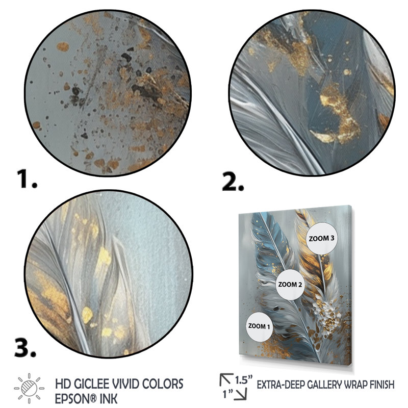 «Gwyndolin Gold Feather Wanderlust I - Glam Feather», reproduction d'art sur toile encadrée, Cadre photo noir