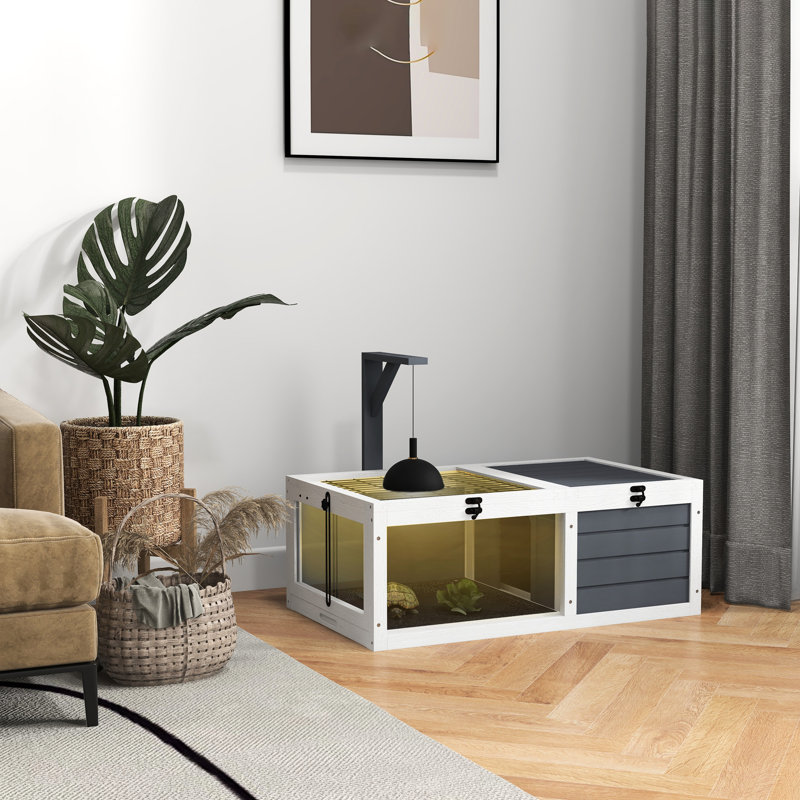 Table de tortue en bois - intérieur extérieur avec aire de repos et couvercles ouverts, couvercle gris