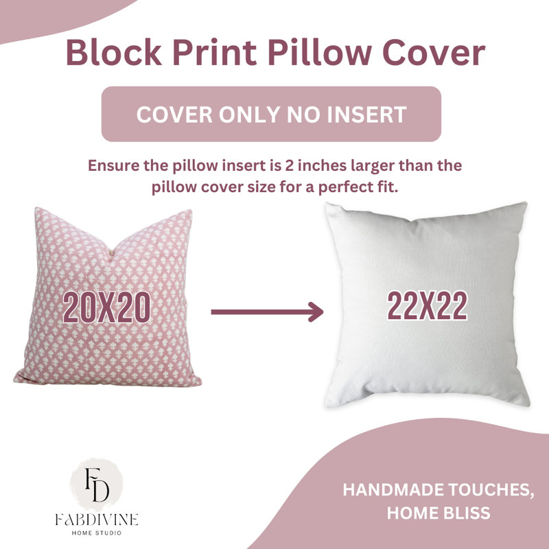 Fabdivine Pinkcity Block Print Pillow Cover Handmade Cotton Boho Artisan Cushion 22X22 Inch, 22"H x 22"W