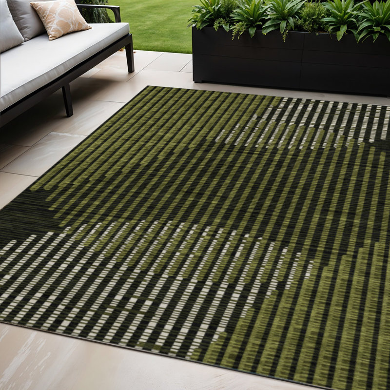 Tapis extérieur géométrique lavable vert olive et noir 5 pi x 8 pi