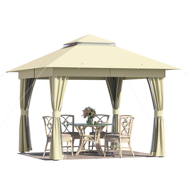 Outdoor 10'x10' Canopy Gazebo Kahaki, Metal Frame Canopy With Double Roofs, Heavy Duty Pavilion With Curtains And Nettings For Deck, Lawn And Backyard