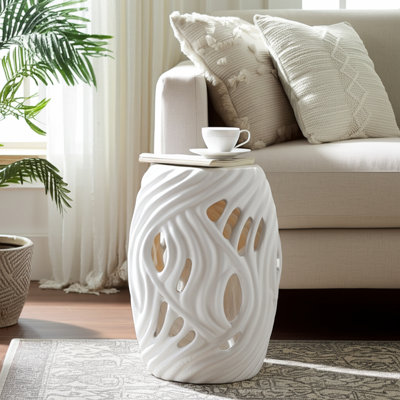 Ceramic Garden Stool Openwork Wave Design Accent Table For Home Office Bedroom Living Room - 19" White by Ivy Bronx