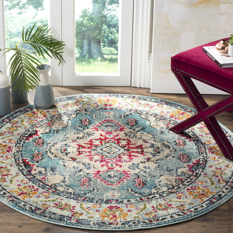 Almyra Oriental Area Rug, Round 3', Light Blue/Fuchsia