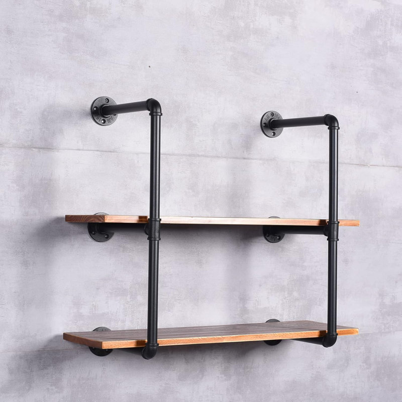 Shelf 2-Layer Wooden Floating Shelves Industrial Iron Water Pipe Wall Mounted Shelf Rustic Wood Wall Storage Shelves Plant Pot Holder Home Organiser (24Inch)