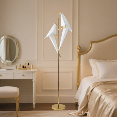 Modern Led Origami Crane Floor Lamp With Stand, 2 Bird-inspired Pp Shades, For Living Room Or Bedroom (69" Tall)
