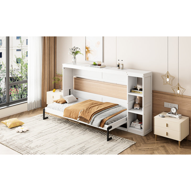 Lit simple blanc avec armoire de rangement à tablettes - et élément d'économie d'espace, Lit simple
