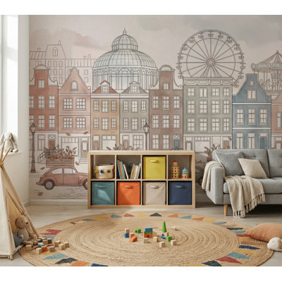 Papier peint paysage urbain européen avec maisons sur grande roue