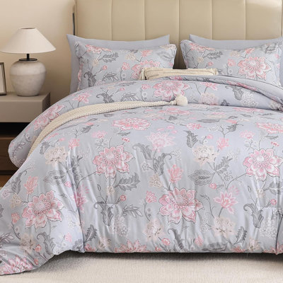 Floral Comforter Set Queen Size 7 Pieces Bed In A Bag, Pink Paisley Flower Bed Set, Soft Lightweight Comforter With Sheet Set 90"X90"