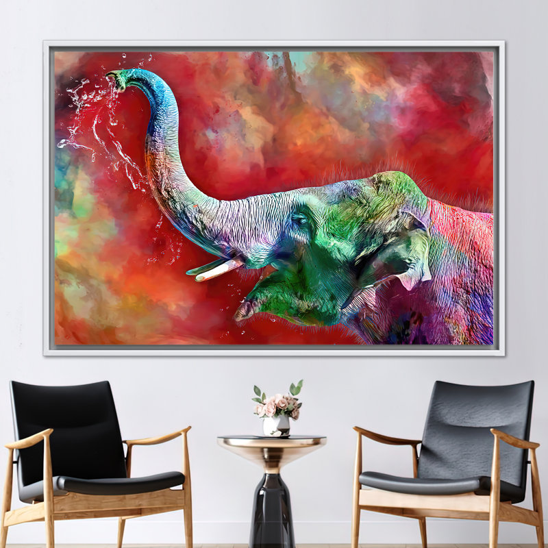 Éléphant abstrait, éléphant abstrait, Toile tendue avec cadre blanc, H 37 po x l 61 po