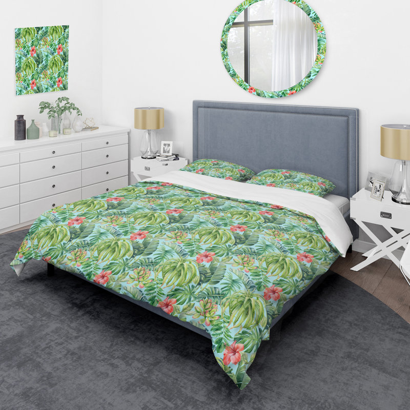 Watercolor Palm Leaves - Ensemble de housse de couette floral - Polyester en microfibre