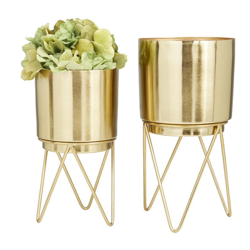 2 Piece Metal Indoor Outdoor Planter with Removable Stand Set, Gold