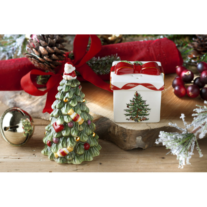 Spode Christmas Tree Figural 2 Piece Tree and Gift Box Salt and Pepper Set