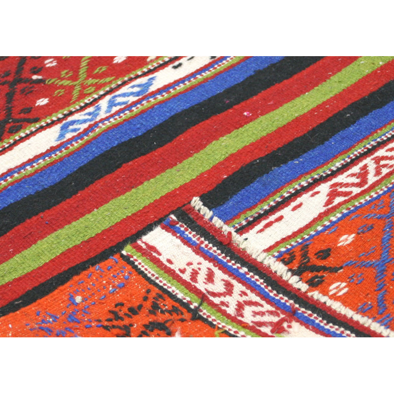 Tapis unique en laine noué à la main de style années 1960 de 5 pi 3 po x 7 pi en orange / bleu / vert