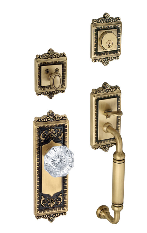 Windsor Handle With Knob And Deadbolt, Vintage Brass