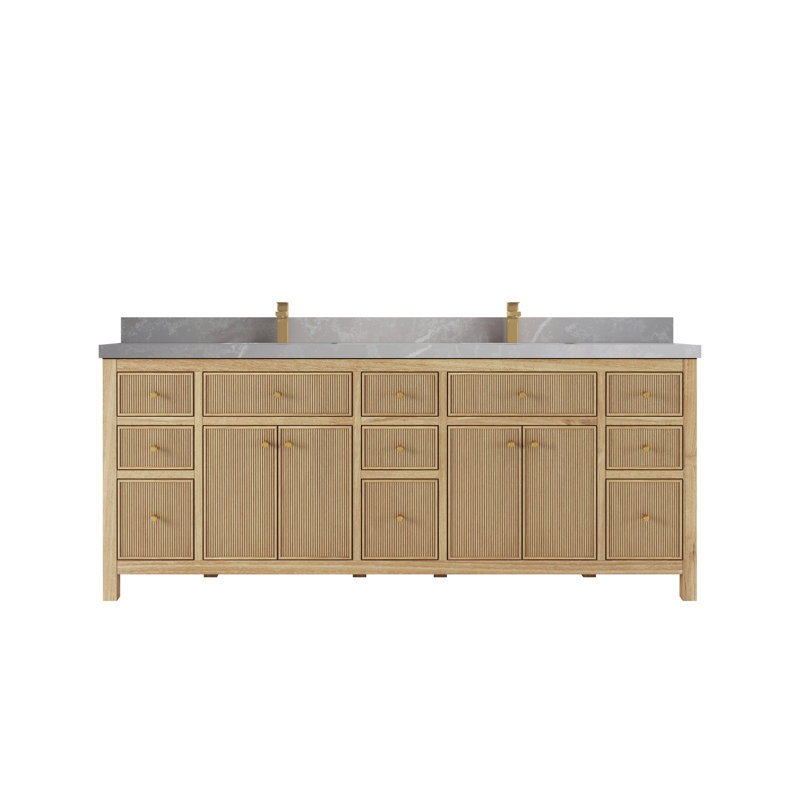 84'' Double Bathroom Vanity with Quartz Top, Light Gray