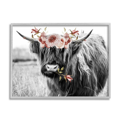 Layered Floral Design Longhorn Cattle Monochrome by Amy Brinkman - Print on Canvas