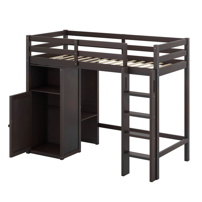 Lit mezzanine simple avec garde-robe, tablettes de rangement et échelle, Espresso