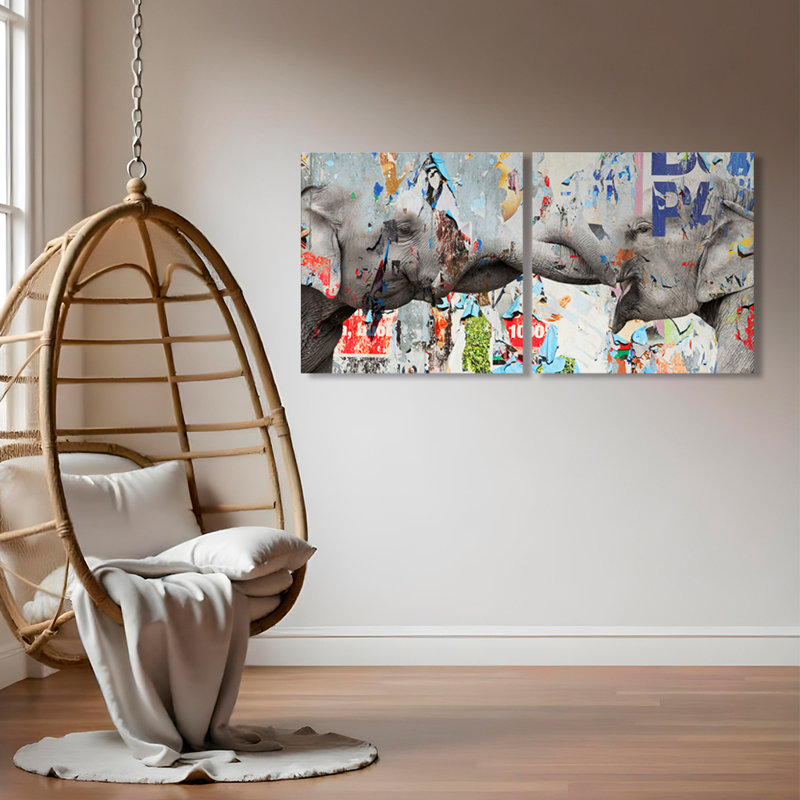 « Saddle Ink Elephant VI » par Tristan Scott - reproduction de deux images sur toile tendue, H 30 po x l 60 po, Pas de tapis