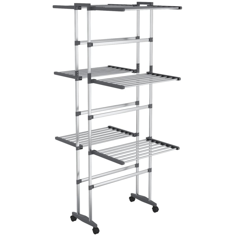 3 Tier Laundry Drying Rack with Wheels Silver 23.6 x 27.6 x 50.8 in Rolling Clothes Airer