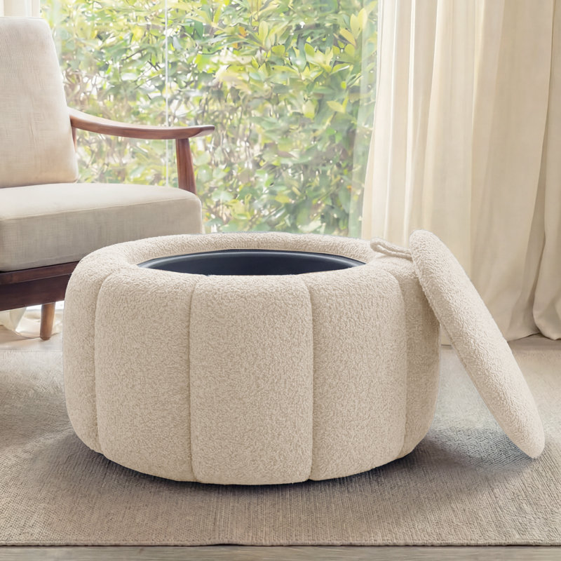 27.5'' Upholstered Round Storage Ottoman,  Teddy - Beige