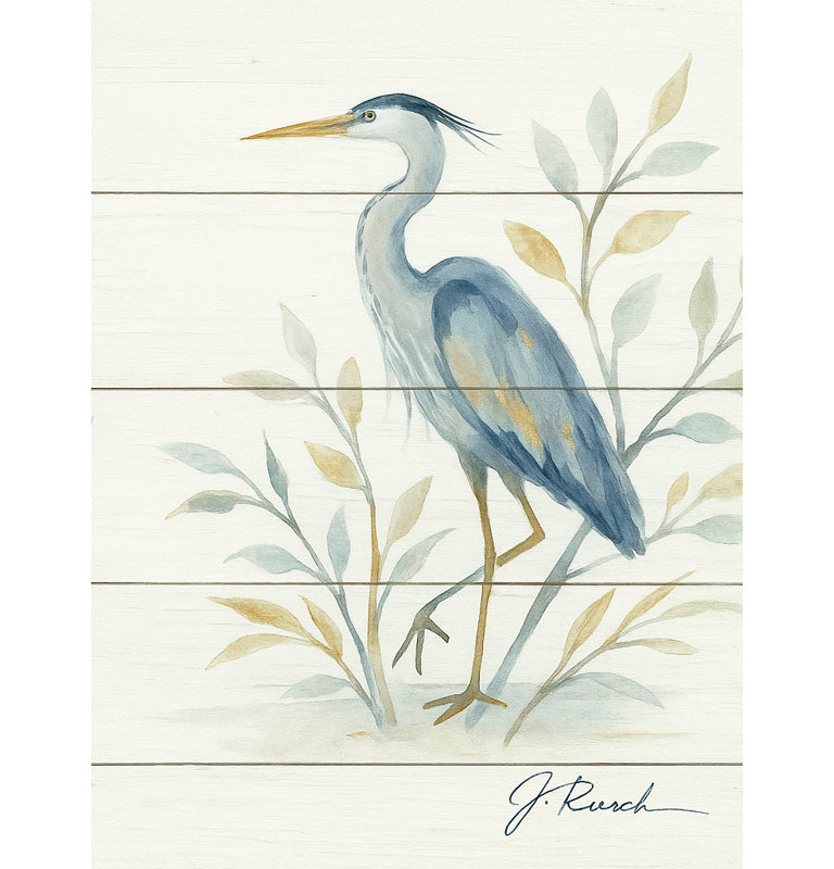 Héron bleu avec décorations botaniques sur toile de bois rustique, H 24 po x l 16 po