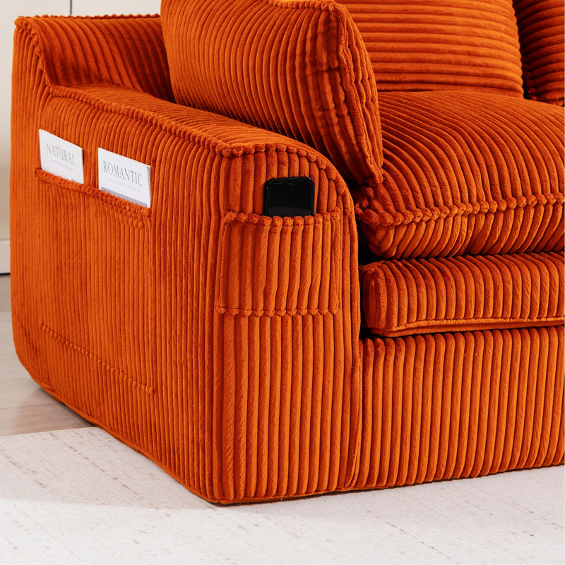 Canapé modulaire en L avec repose-pieds mobile, Velours côtelé orange