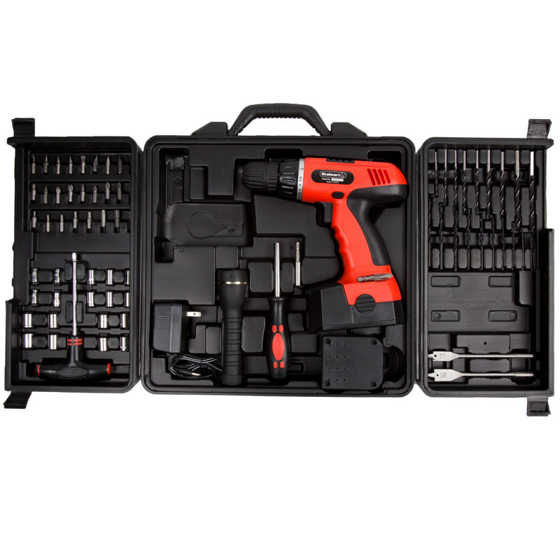 Ensemble de perceuse sans fil 18 V - Ensemble d'outils 78 pièces avec mèches, douilles, embouts de tournevis, lampe de poche, pile rechargeable et boîte à outils par Stalwart (rouge)