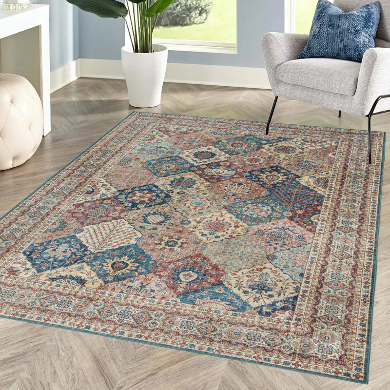 Cinzia Red and Blue Patchwork Washable Synthetic Area Rug 8' x 10'