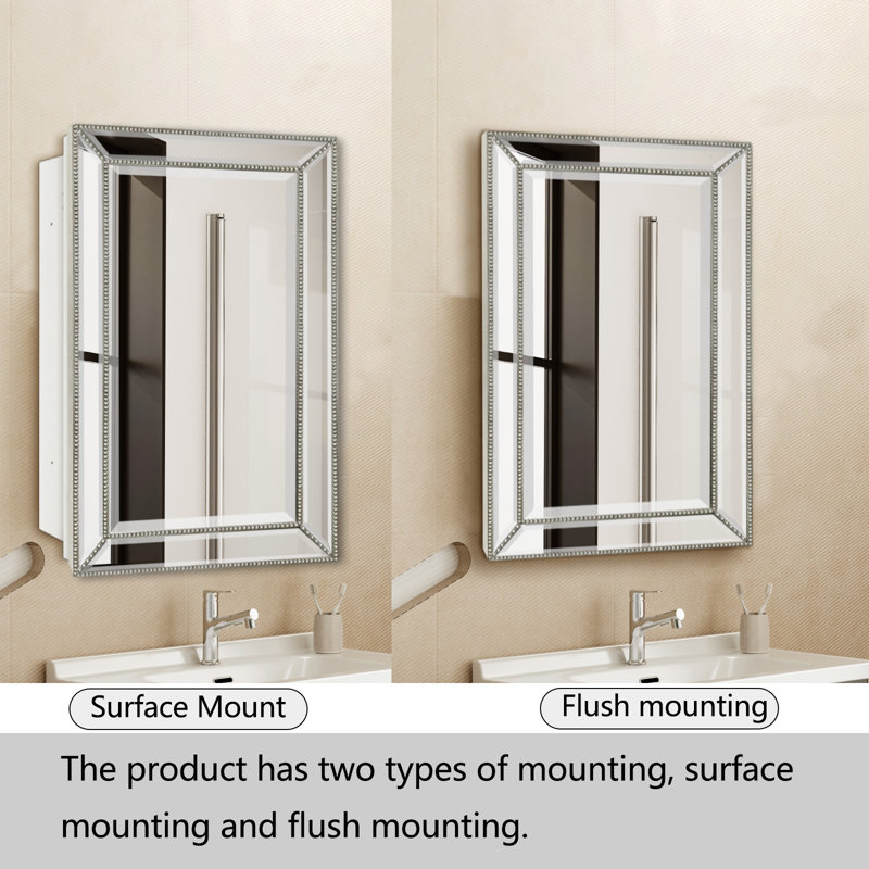 ﻿16 x 26 Inches ﻿Beaded Framed Beveled Recessed Medicine Cabinet Mirror with Adjustable Shelves for Bathroom
