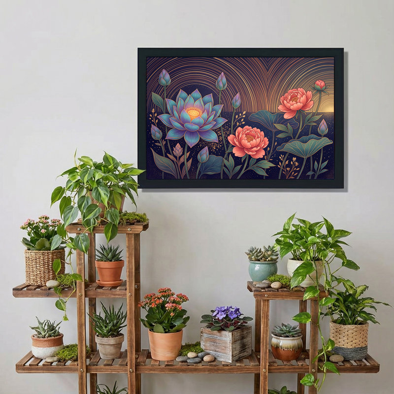 Art mural sur toile de lotus bleu et pivoines roses avec lignes ondulées dorées, 20"H x 30"W