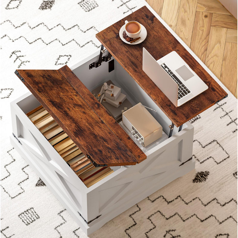 Coffee Table, Multi-Functional Lifting Dining Table Coffee Table, Wood Square Center Table With Hidden Compartments For Living Room Office Reception Room, Vintage White