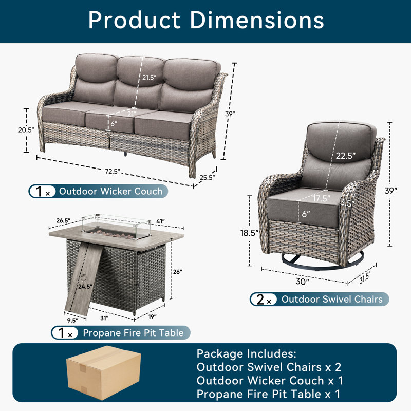 4 Pieces Patio Furniture Set, Outdoor Wicker Sofa Couch With Swivel Chairs 41" Fire Pit Table, All Weather High Back Modern Conversation Sets
