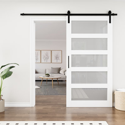 84''H White Wood Glass Paneled Sliding Barn Door with Installation Hardware Kit
